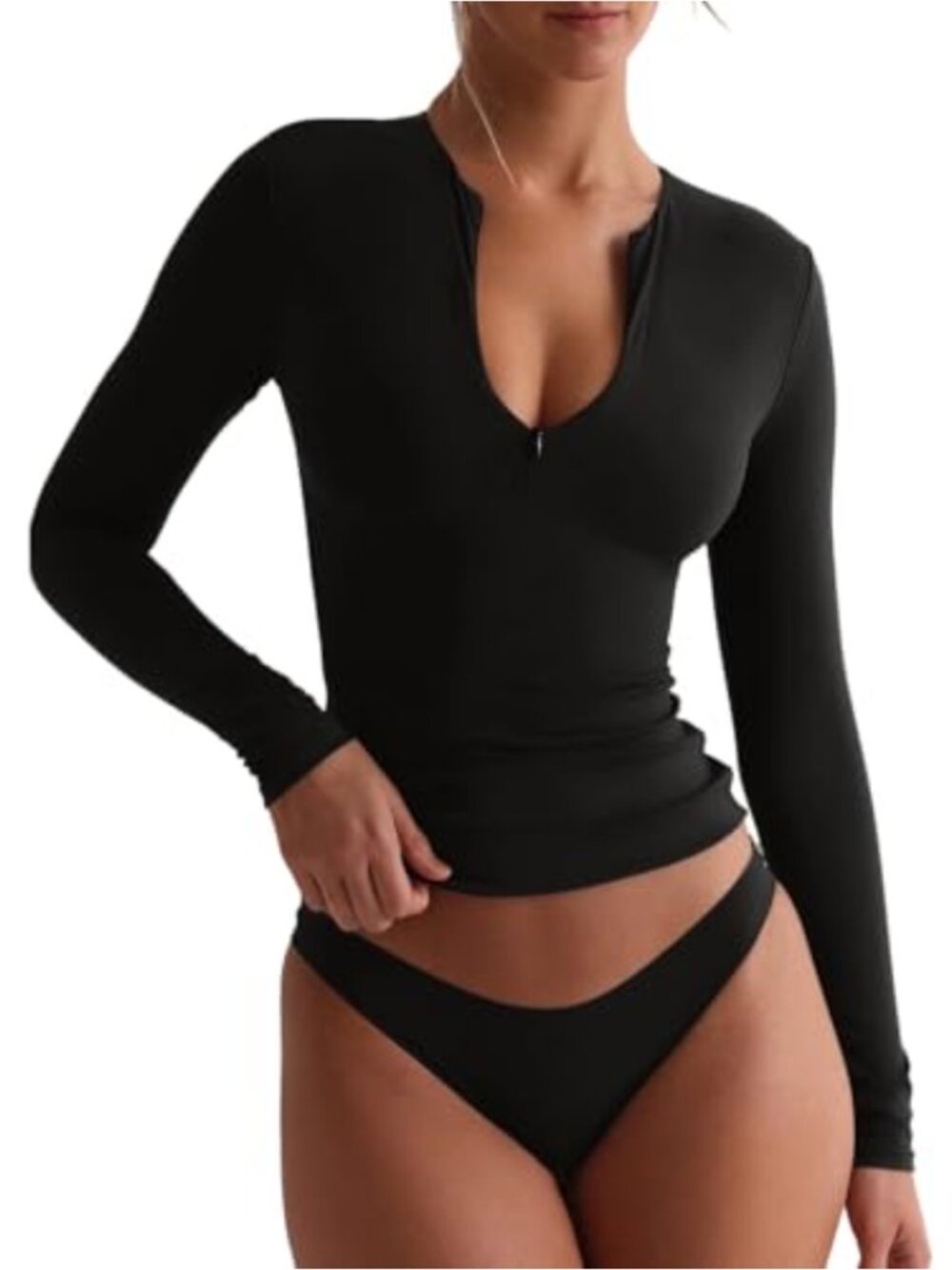 Quarter Zip V Neck Long Sleeve Cropped Top - Sexy Going Out Fall Fashion Y2k